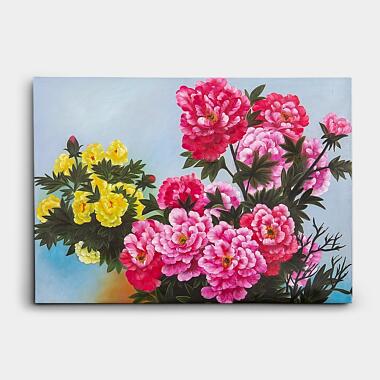 Pink-yellow-peonies-blossom-painting-on-canvas
